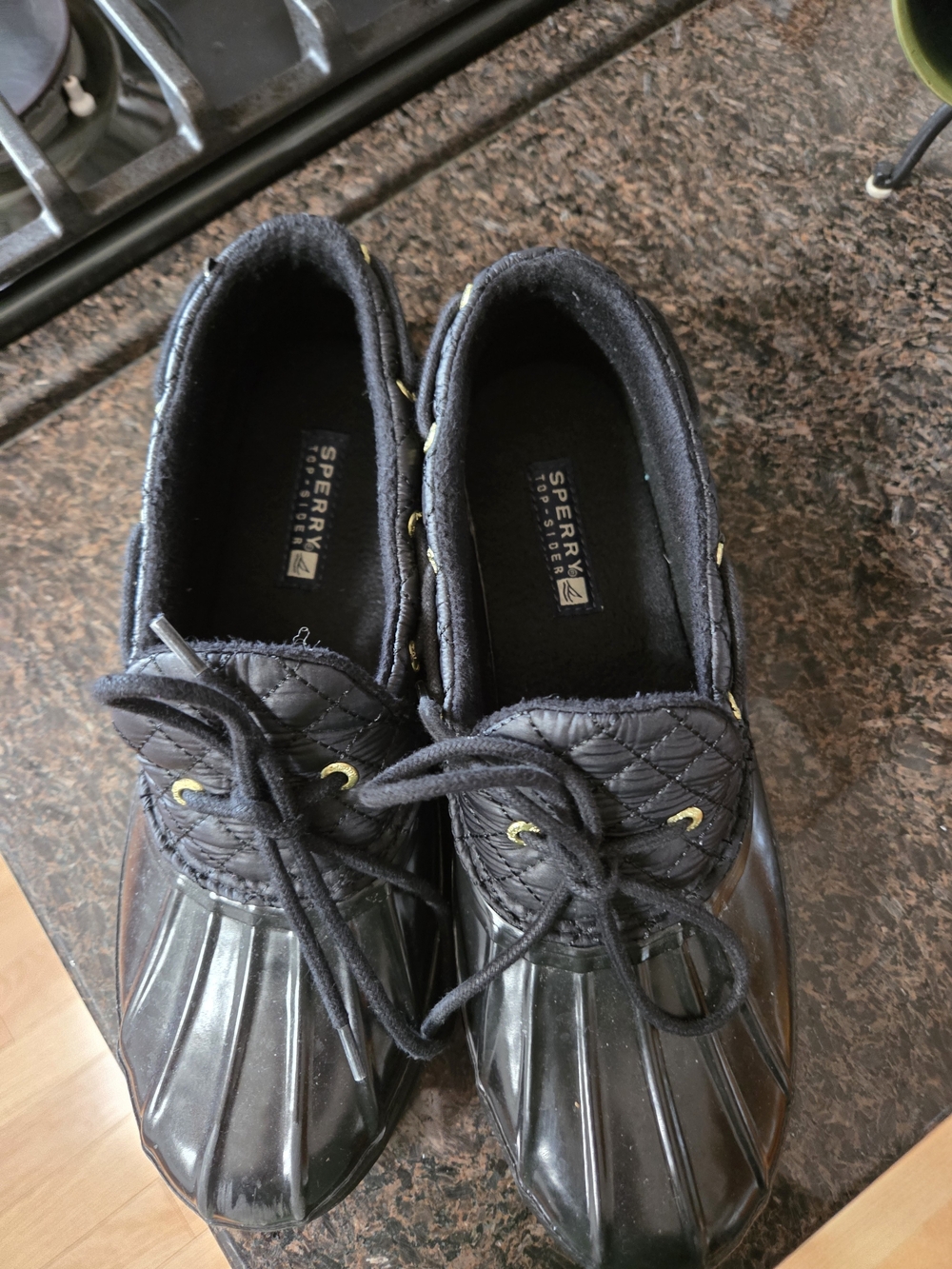 Sperry Women's Black Quilted Duck Boots with Glossy Rubber Toe